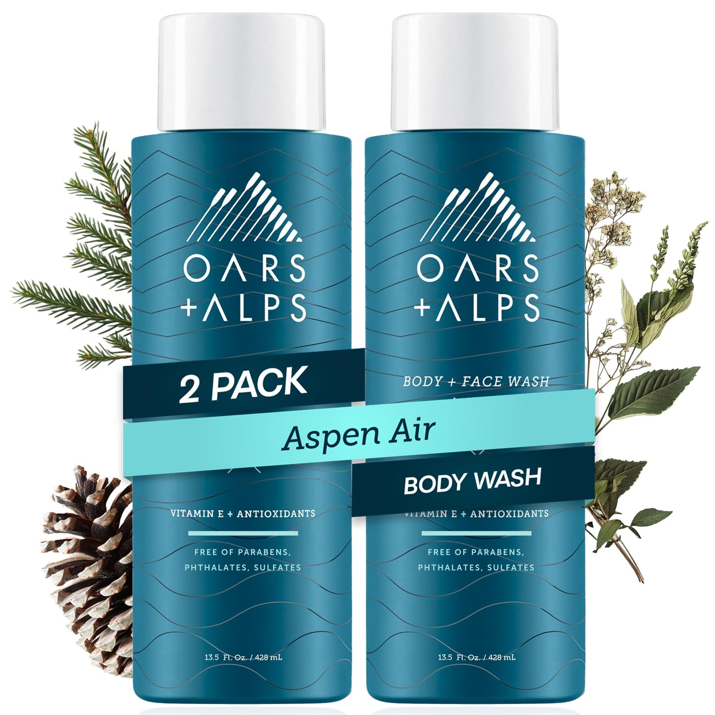 Oars + Alps Body Wash for Men, Mens Body Wash & Face Cleanser with Vitamin E & Antioxidants, Moisturizing, Paraben & Sulfate Free Cleanser, Aspen Air, 2pk