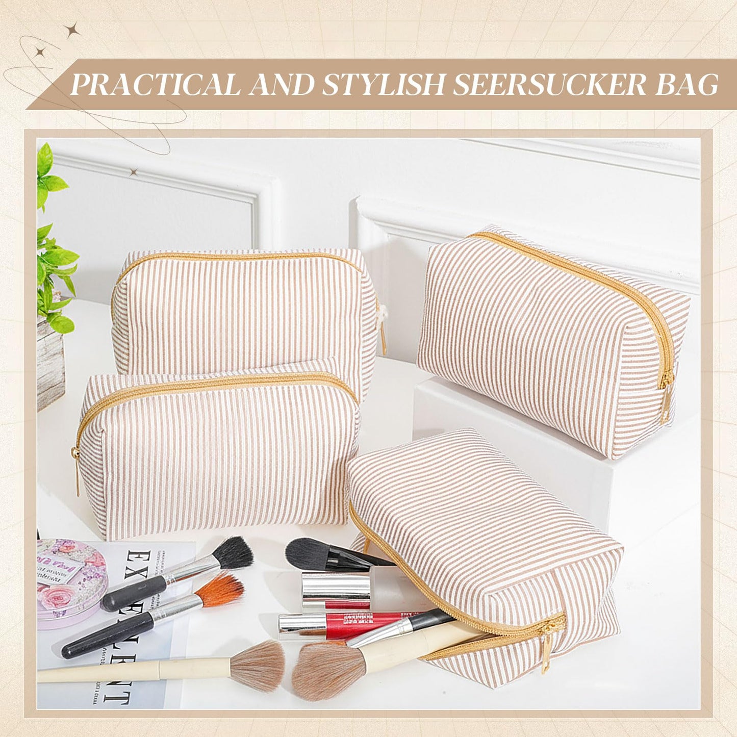 Sanwuta 6 Pcs Seersucker Cosmetic Bags Bulk Seersucker Makeup Bags Stripe Women Pouch Large Preppy Storage Pouch Toiletry Travel for Wedding Bridesmaid Bride Favor Back to Teacher Gift (Khaki)