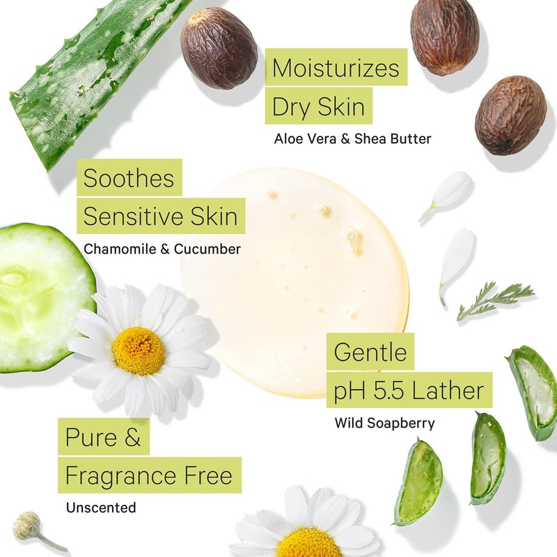 Unscented Body Wash for Sensitive & Dry Skin - Moisturizing, pH Balanced, Sulfate Free Soap with Organic Shea Butter & Aloe | 16 oz