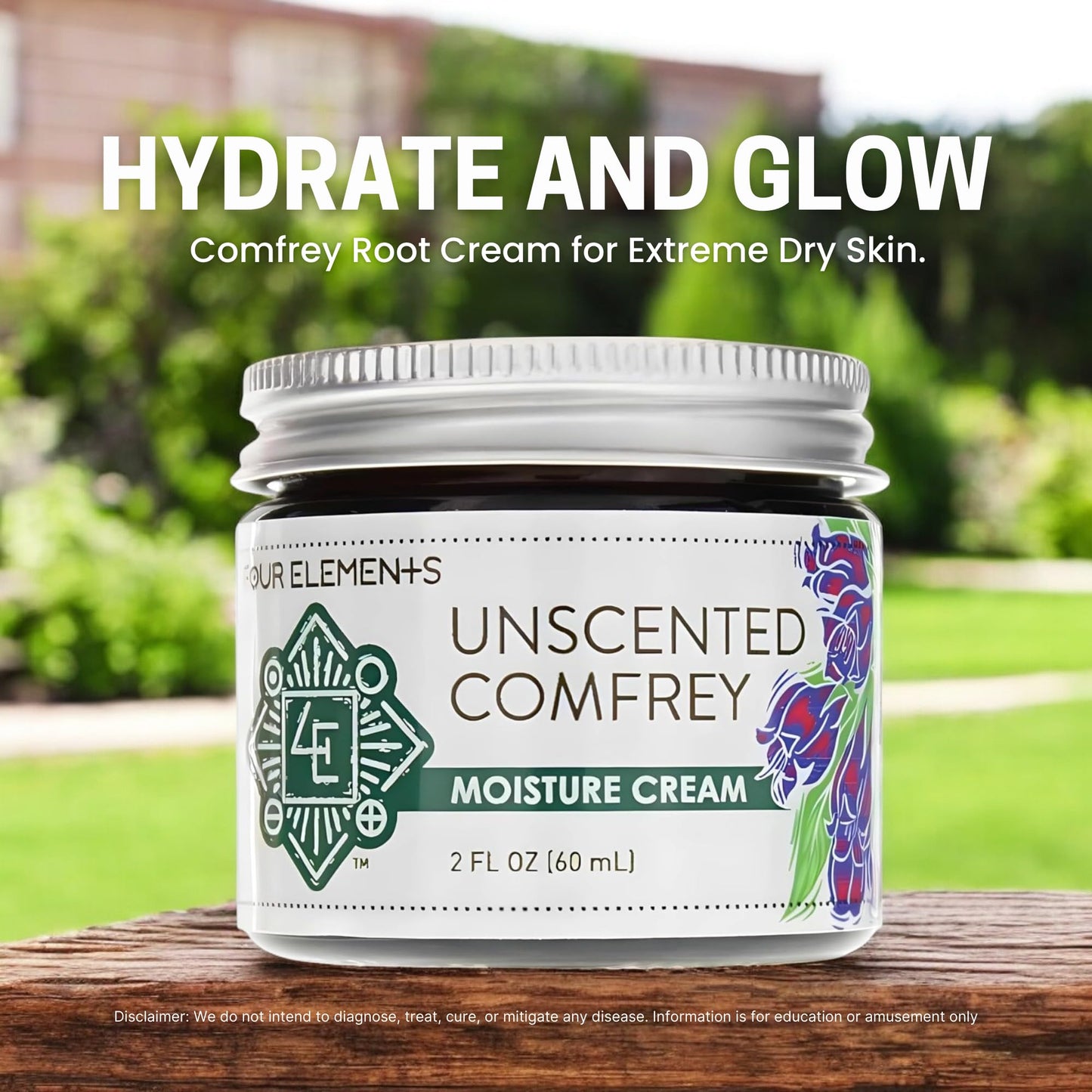 Four Elements 4E Unscented Comfrey Moisture Cream, Deeply Moisturize and Nourish your Skin, Certified Organic, 2 OZ