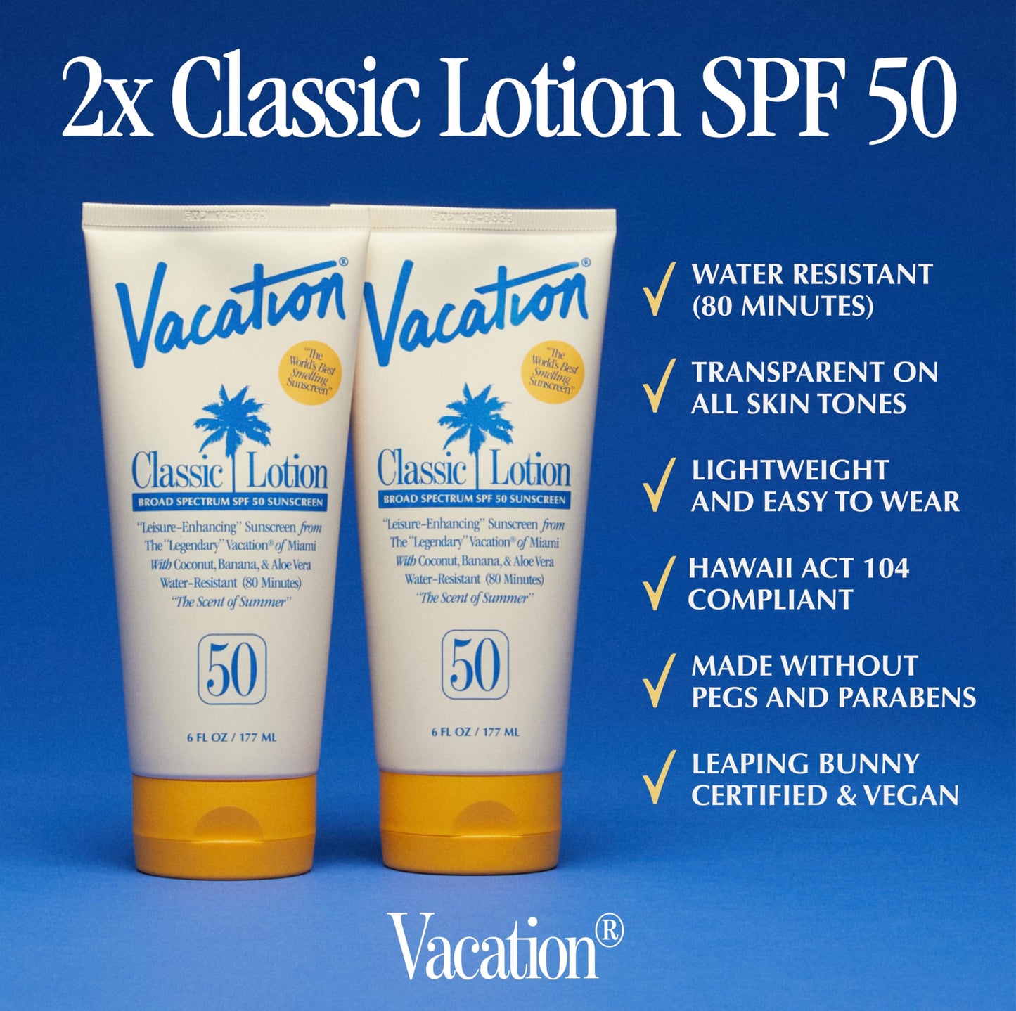 Vacation Classic SPF 50 Sunscreen Lotion and Air Freshener Bundle, 6 Fluid Ounces, Pack of 2 - Invisible, No White Cast, Water-Resistant, Dermatologist-Tested, Vegan