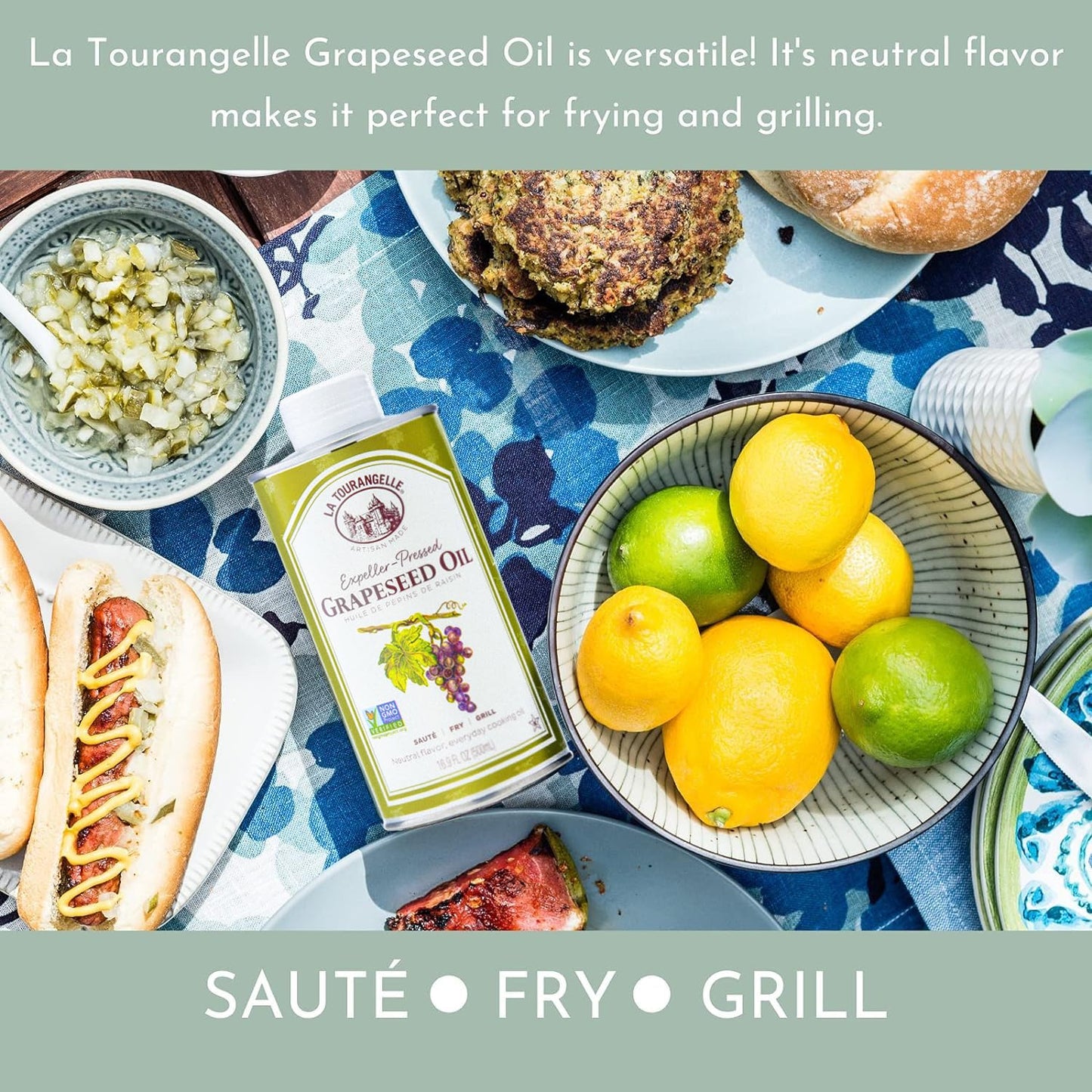 La Tourangelle, Expeller-Pressed Grapeseed Oil, High Heat Neutral Cooking Oil, Cast Iron Seasoning, Also Great for Skin, Hair, and DIY Beauty Recipes, 16.9 fl oz (Pack of 2)