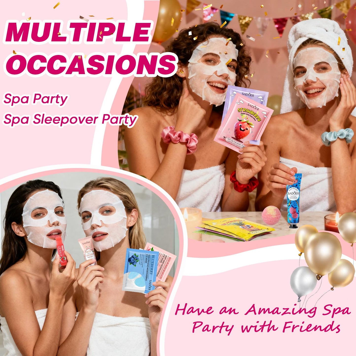 70 PCS Spa Party Supplies for Girls , Spa Party Favors Include Face Masks Skincare, Hand Cream, Lip Balm, Under Eye Patches, Lip Mask and Foot Bath Bombs, Spa Birthday Sleepover Party Supplies