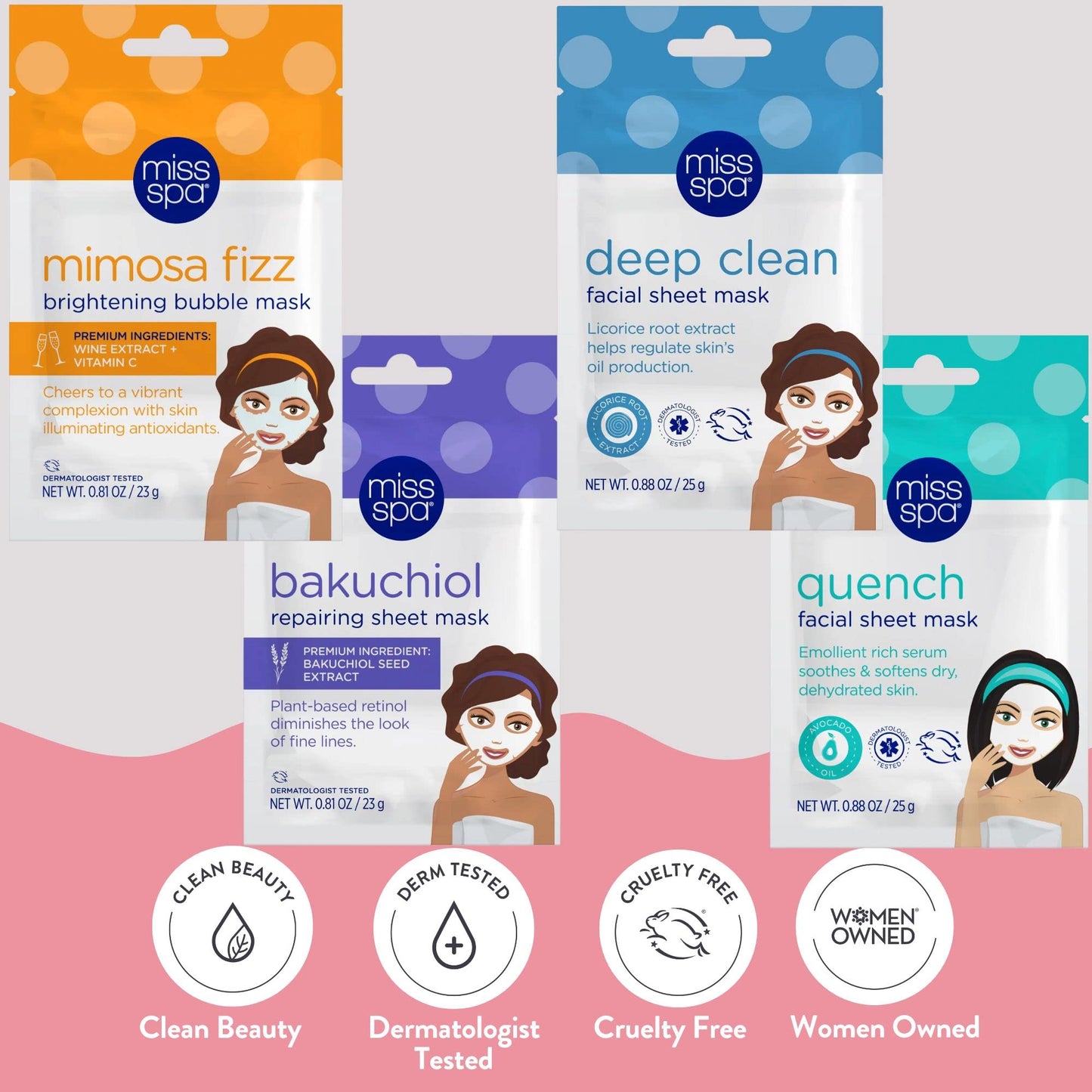 MISS SPA Face Mask Skin Care Set for Women, Deep Clean Face Mask, Quench, Mimosa fizz, Bakuchiol Facial Sheet Mask, Anti-Aging, Anti-Wrinkle, Hydrating Face Mask Skin Care, 4-Pack