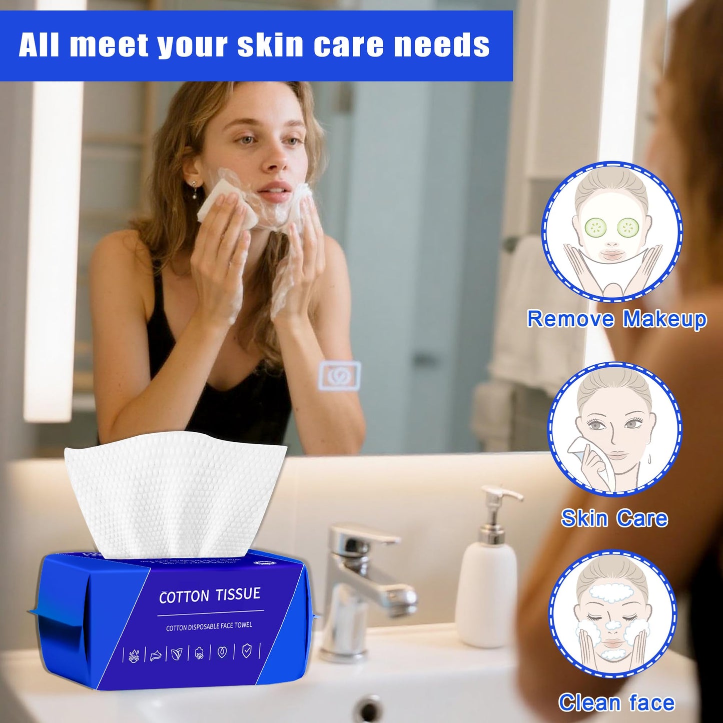 200 Count Disposable Face Towel, Dual-Textured Clean Wipes – Dry/Wet Use, Ultra-Soft Facial Towels, Lint-Free Face Towel Disposable for Women Cleansing, Makeup, Travel