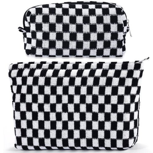 ZLFSRQ 2Pcs Checkered Makeup Bag for Women Large Cosmetic Bag Set Travel Toiletry Bag Makeup Pouch Bag for Purse Black Zipper Storage Bag Organizer Cute Small Aesthetic Girls Car Essentials Bag