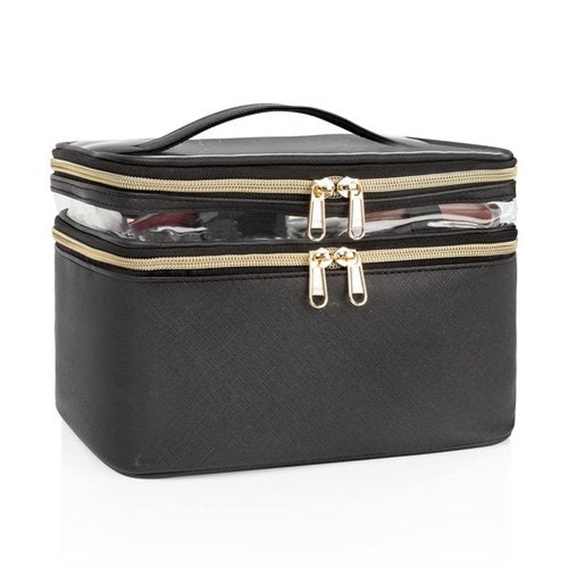 Makeup Bag, Double layer Cosmetic Cases Travel Makeup Organizer Toiletry Bags Large Make Up Bag For Women Girls with Adjustable Dividers and Brush Organize area (BLACK CLEAR)
