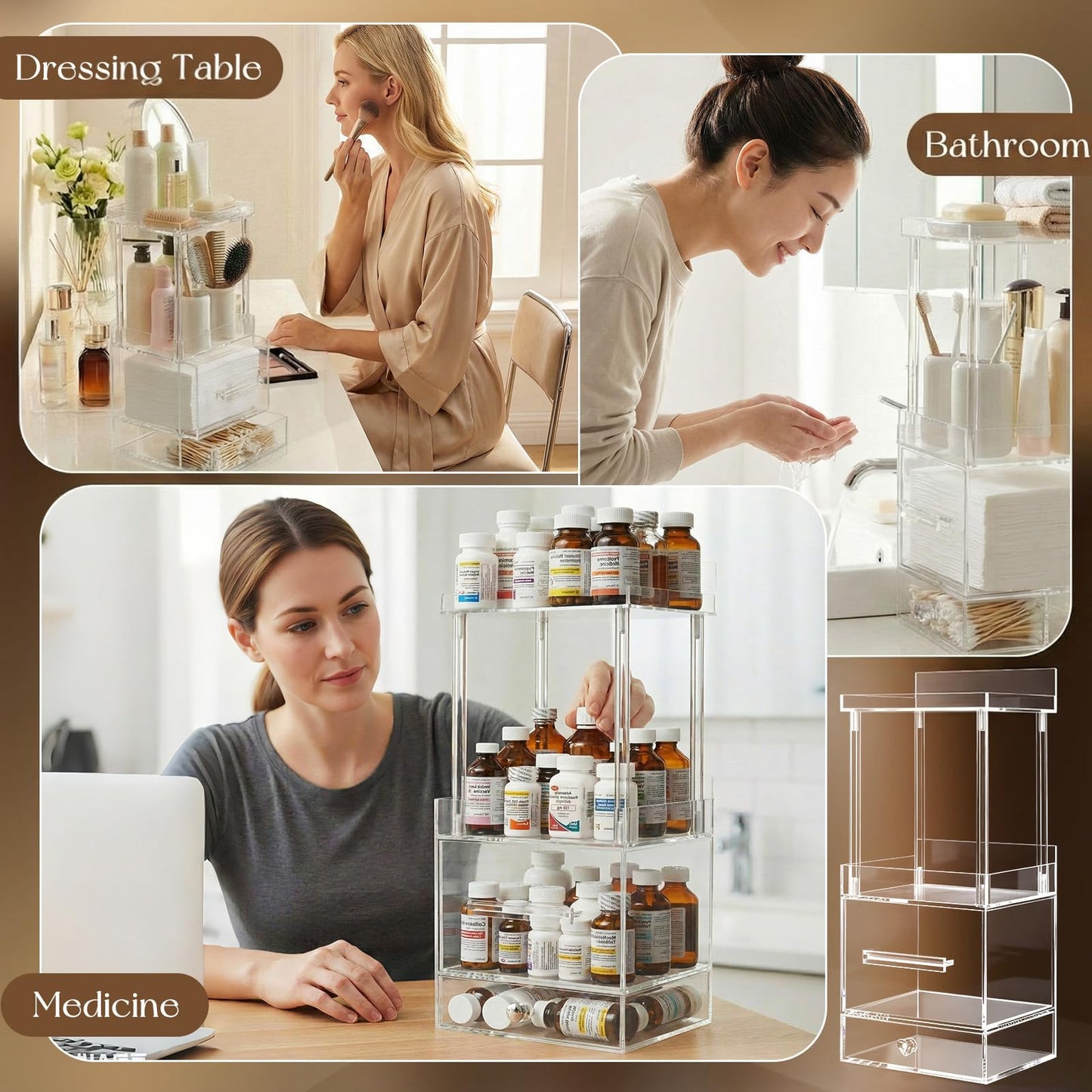 Qinyoung 4-tier Acrylic Vanity Organizer, Facial Towel Dispenser Box Compatible with XL Clean Towels (Excluding), Makeup Storage Drawer Style Countertop Organizer for Bathroom Skincare Station