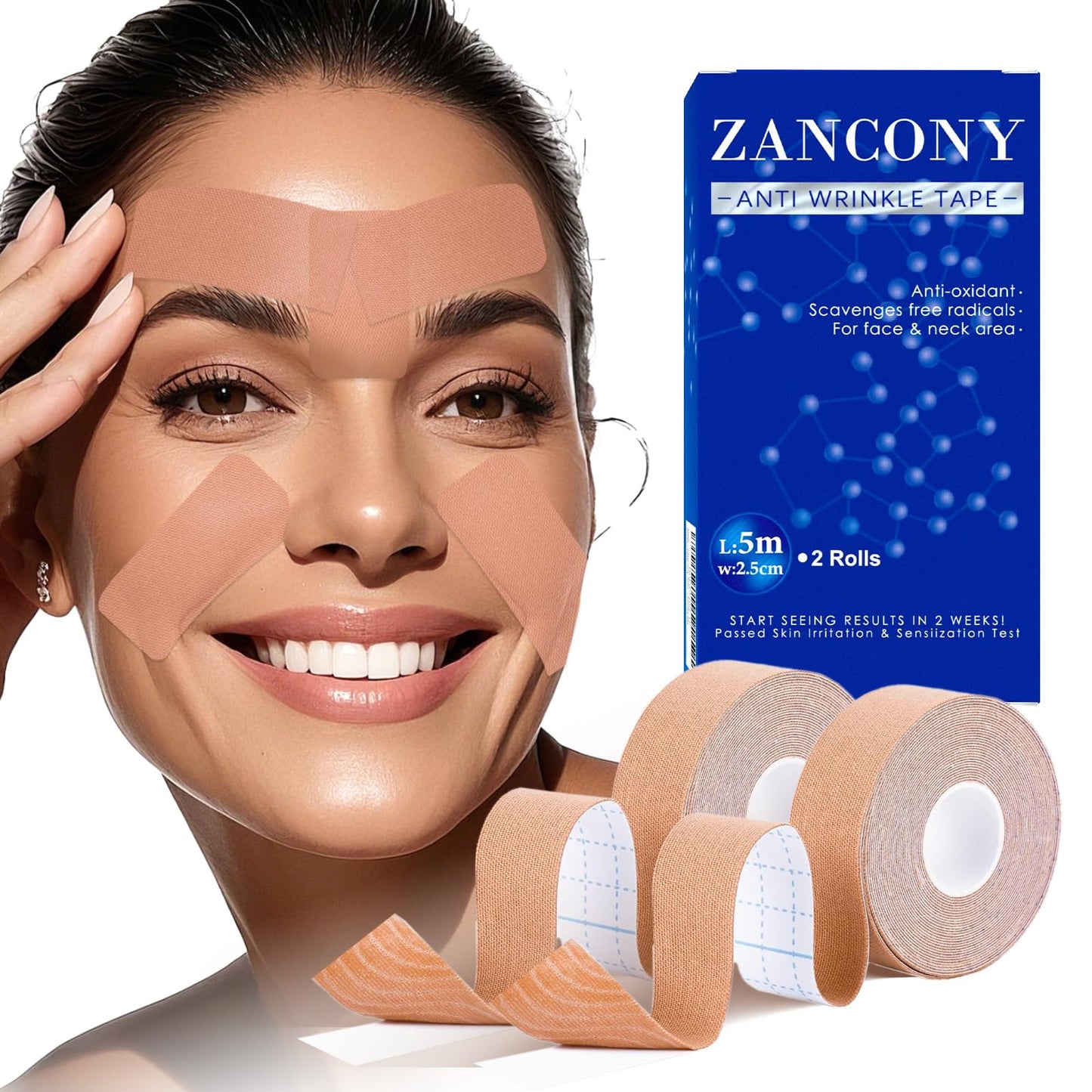 zancony Face Tape for Wrinkles Facial Myofascial Lift Patches for All Parts of the Face and Neck, Forehead 11 Lines Nasolabial Folds Crow's Feet Necklines etc, 2.5 CM* 2 Rolls - Pink