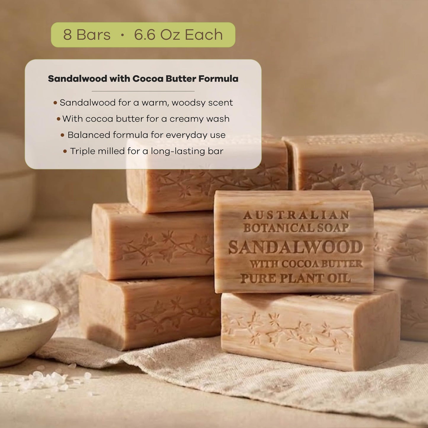 Australian Botanical Soap, Sandalwood and Cocoa Butter, 6.6 OZ, Triple Milled Bars Made with a Natural Soap Base and Enriched with Organic Shea Butter, Pack of 8