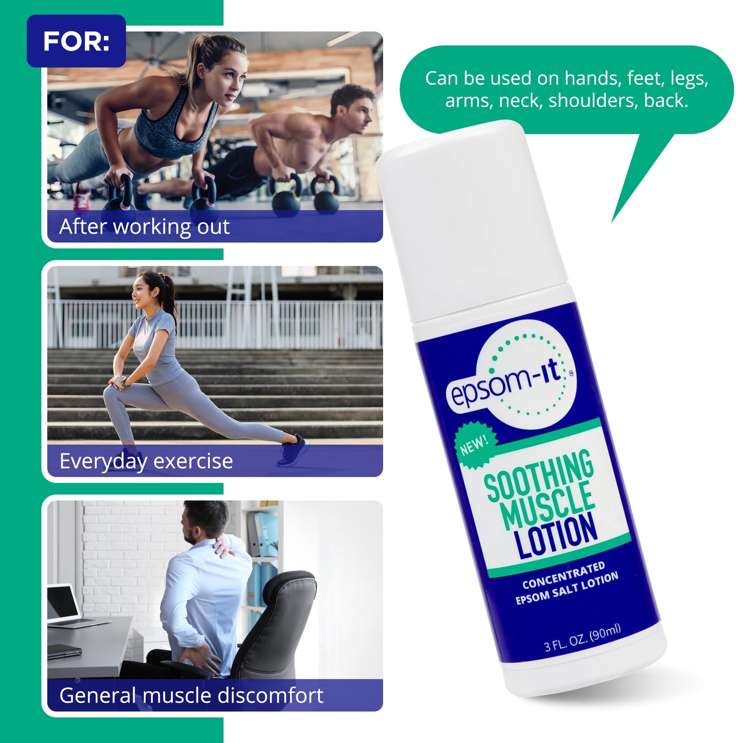 Epsom-It Soothing Muscle Lotion - Roll On Epsom Salt Lotion with Arnica for Muscle Stiffness, Leg, Knees and Feet Discomfort, Topical Magnesium Cream, 3oz