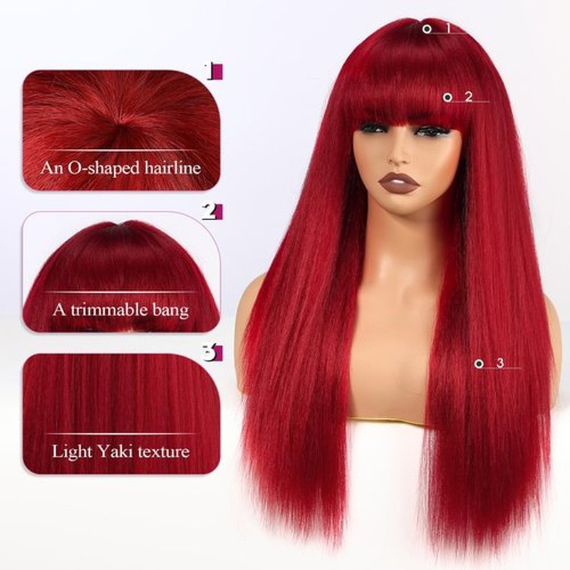 EMMOR Long Straight Yaki Wigs for Women with Bangs Comfortable Elastic Band 26 Inch Heat-resistant Synthetic Fibers(Red)
