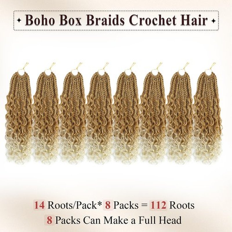 Boho Box Braids Crochet Hair 8 Packs Boho Crochet Braids Pre Looped 27/613 Goddess Box Braids Crochet Hair for Black Women 14 Inch Boho Braids Crochet Hair Extension