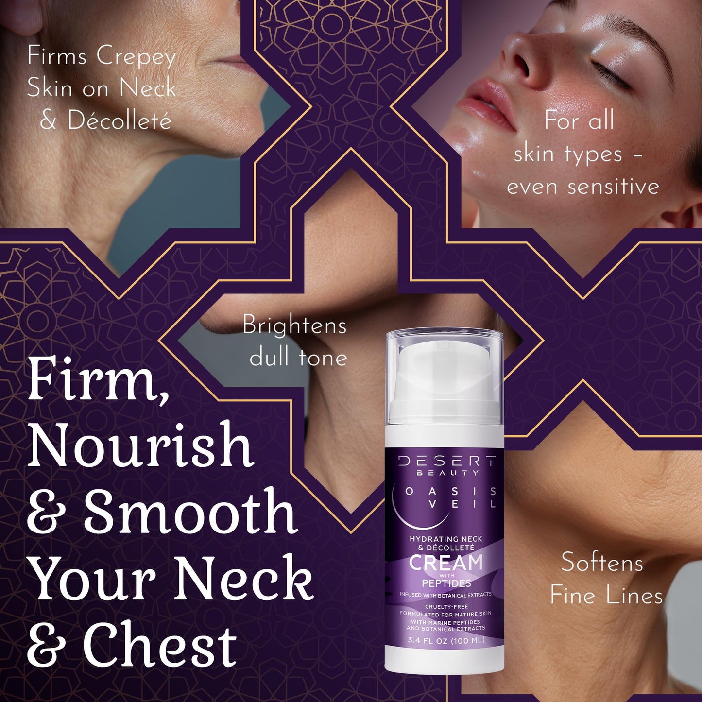 Desert Beauty 2-Pack Neck Firming Cream for Women – Neck Creams for Tightening and Firming with Peptides, Collagen & Hyaluronic Acid – Decollete Firming Cream for Lifting & Smoother Skin, 3.38 fl oz