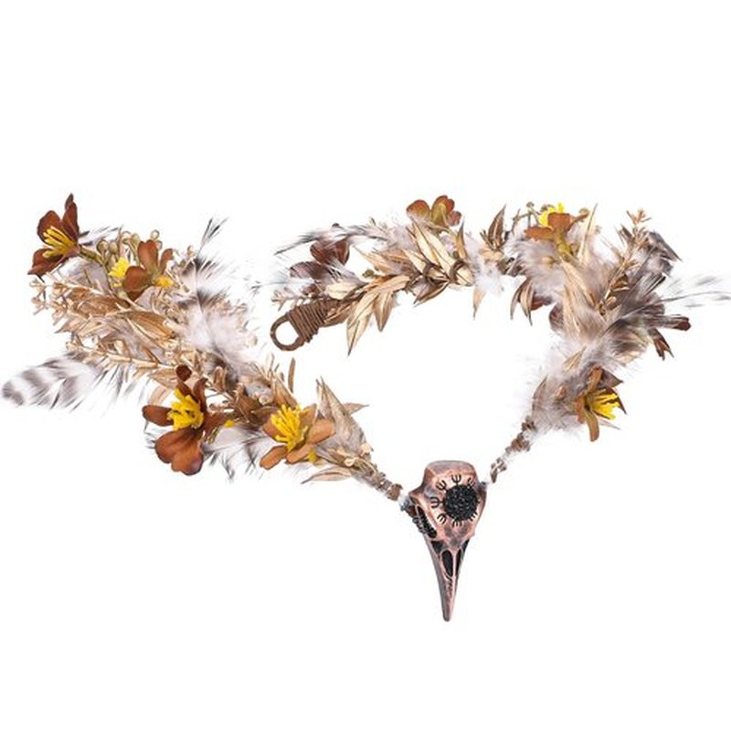 MOSTORY Gold Raven Elf Crown - Handmade Fairy Feather Headpiece Floral Gothic Circlet Elven Tiara with Raven Skull for Women Girls Witch Carnival Renaissance Cosplay