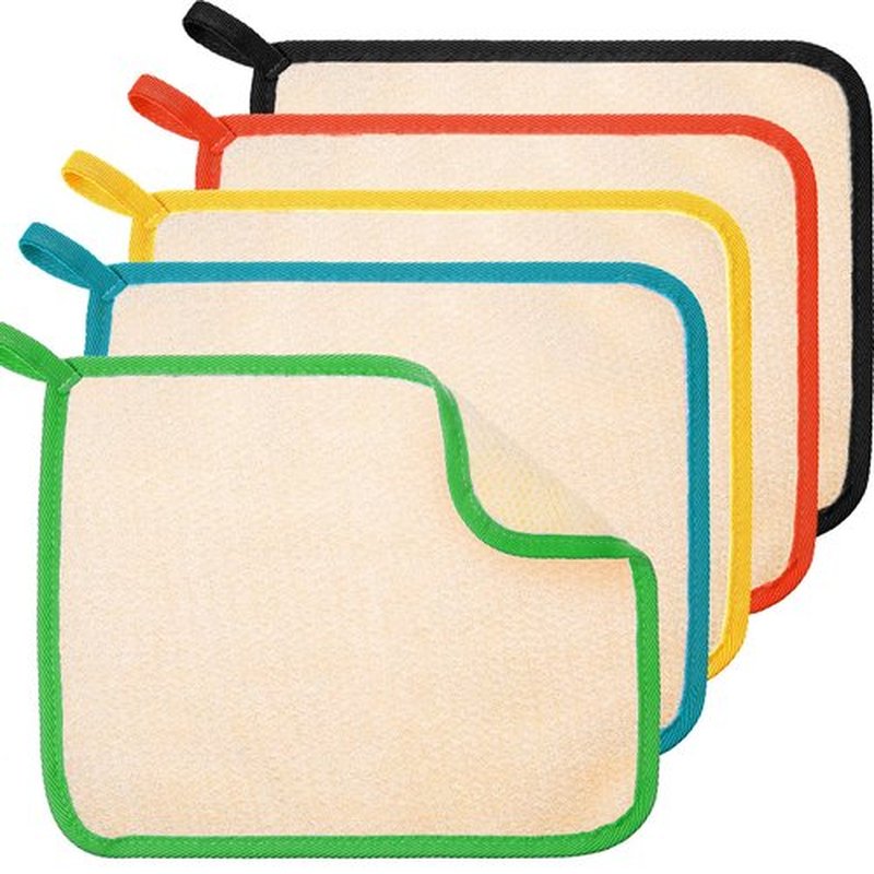 Tatuo 5 Pcs Exfoliating Face and Body Wash Cloths Towel Weave Bath Cloth Exfoliating Scrub Cloth Massage Bath Cloth for Women and Men, 10.63 x 9.05 Inch (Black Green Orange Blue Yellow Edge)