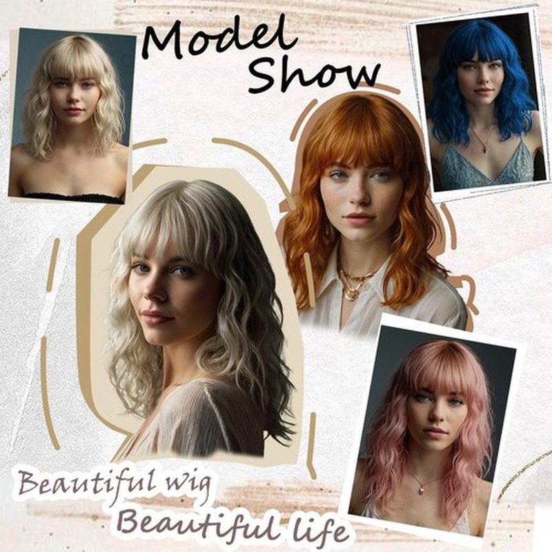 MeaYOO Red Bob Wig with Bangs for Women, Short Red Bob Wavy Wigs Shoulder Length Curly Synthetic Wig for Girls Natural Looking Heat Resistant 14 Inch Wig for Daily Party Use Colourful Cosplay Wigs