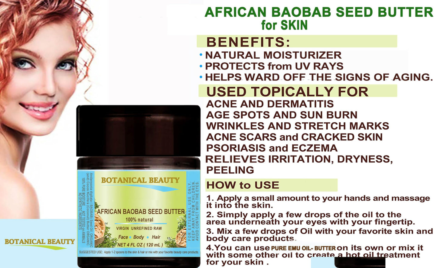 Botanical Beauty BAOBAB OIL BUTTER. 100% Natural RAW VIRGIN UNREFINED Cold Pressed for Face, Skin, Damaged Hair, Lips, Nails 4 Fl. oz. - 120 ml. Rich in Vitamin C