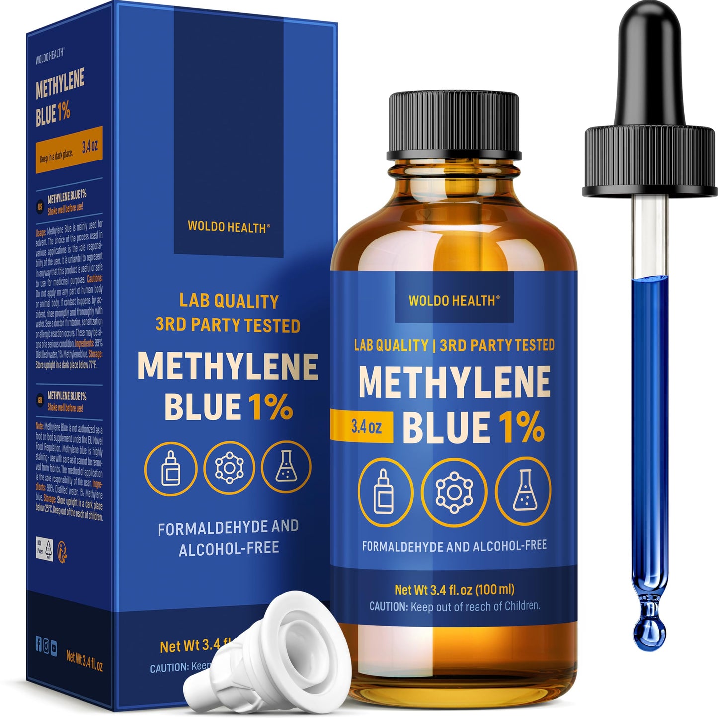 WoldoHealth Methylene Blue 1% Drops 3.4 Fl Oz - USP Pharmaceutical Grade, Azul de Metileno, High Purity, Third-Party Tested