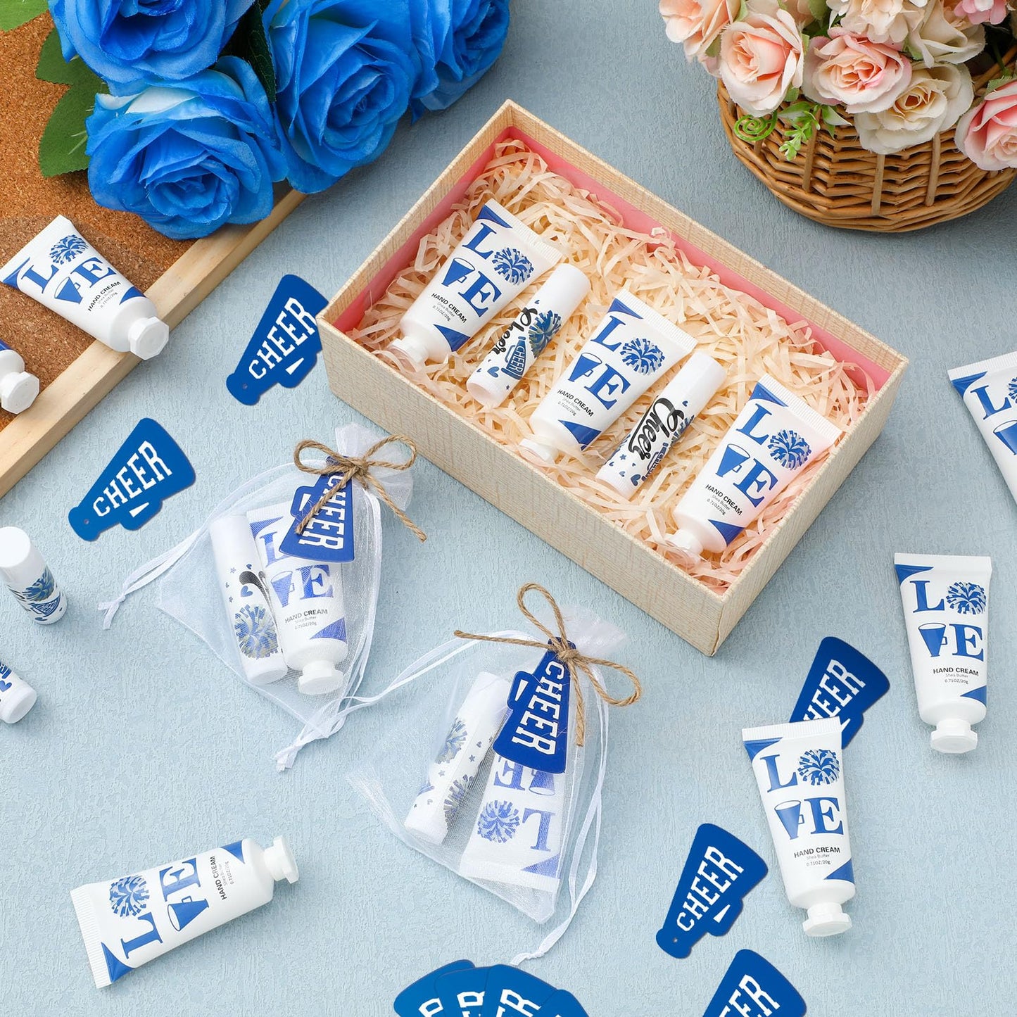 Heigble 144 Pcs Blue Cheer Lip Balm Hand Cream Set Party Favors Cheer Teams Camp Gifts Include 36 Lip Balm 36 Moisturizing Hand Cream 36 Bags 36 Cards and Ropes for Guest Party Supplies Accessories