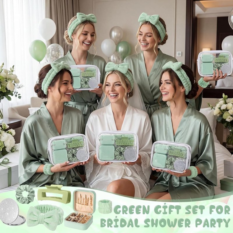 Suncalla 48 Pcs Spa Party Favors | Bridesmaid Proposal Gifts & Sleepover Supplies - Green Headbands, Scrunchies, Jewelry Case, Makeup Bag & Mirror