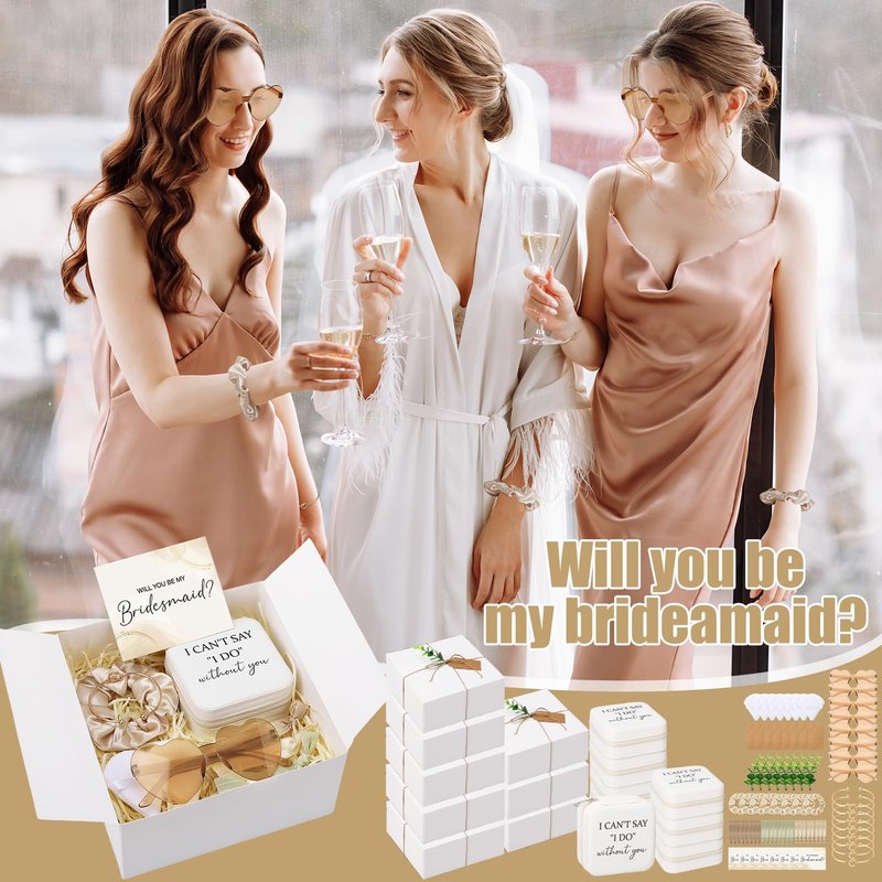 Fingertip WD 81 Pcs Bridesmaid Proposal Gift Jewelry Box Including Bridesmaid Bridal Hairband Sunglasses Powder Puff Bridesmaid Cards Gift Box for Wedding Champagne