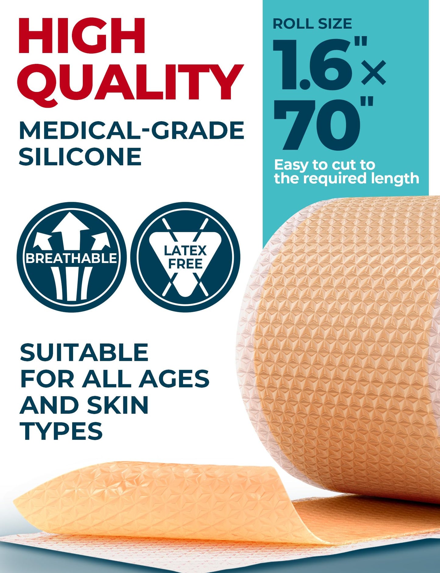Medical Grade Silicone Scar Tape - 1.6”x70” - Effective Removal of Surgical, Keloid, C-Section, Tummy Tuck, Hypertrophic and Acne Scars - Easy to Use Treatment - Reusable Silicone Scar Sheets