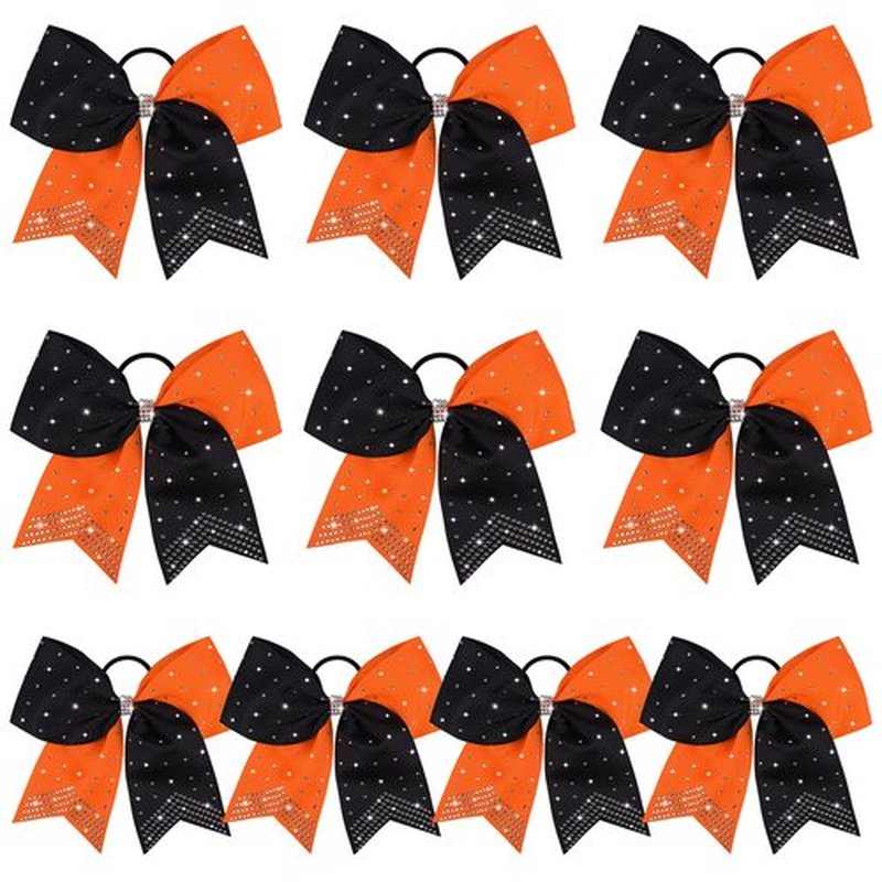 DEEKA 10 PCS Rhinestones Two Toned Large Cheer Hair Bows 7" Glitter Cheer Ponytail Holder Handmade for Teen Girls Softball Cheerleader Sports -Orange/Black