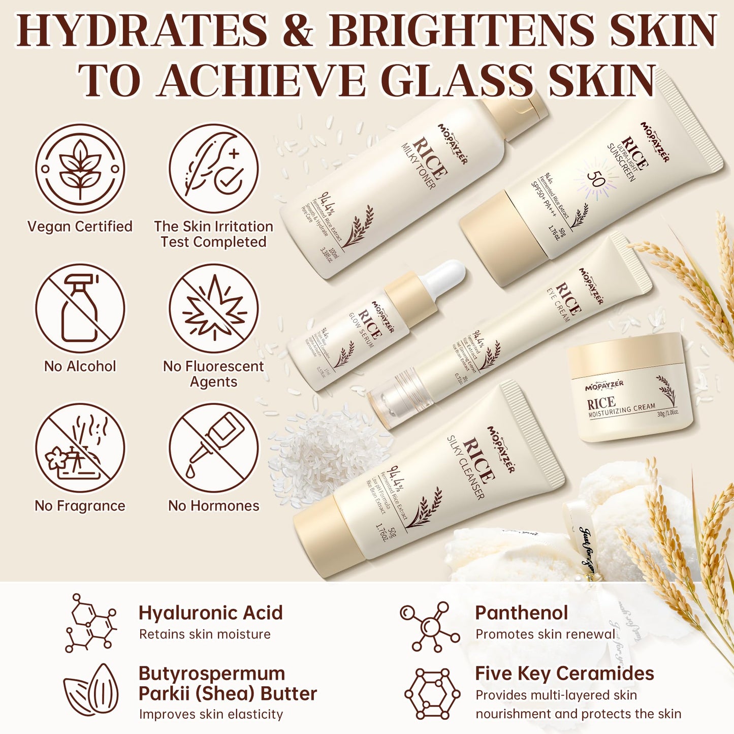 7PCS Rice Skincare Set Gift Box, Korean Skin Care Set for Women Teens Girls, Rice Cleanser Toner Serum Face Cream Eye Cream Sunscreen with Towel Bear Ornament, Hydrating Daily Face Care Kit