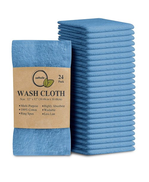 Softolle 100% Cotton Ring Spun Wash Cloths – Bulk Pack of Washcloths – 12x12 Inches – Wash Cloth for Face, Highly Absorbent, Soft and Face Towels (Sky Blue, 24 Pack)