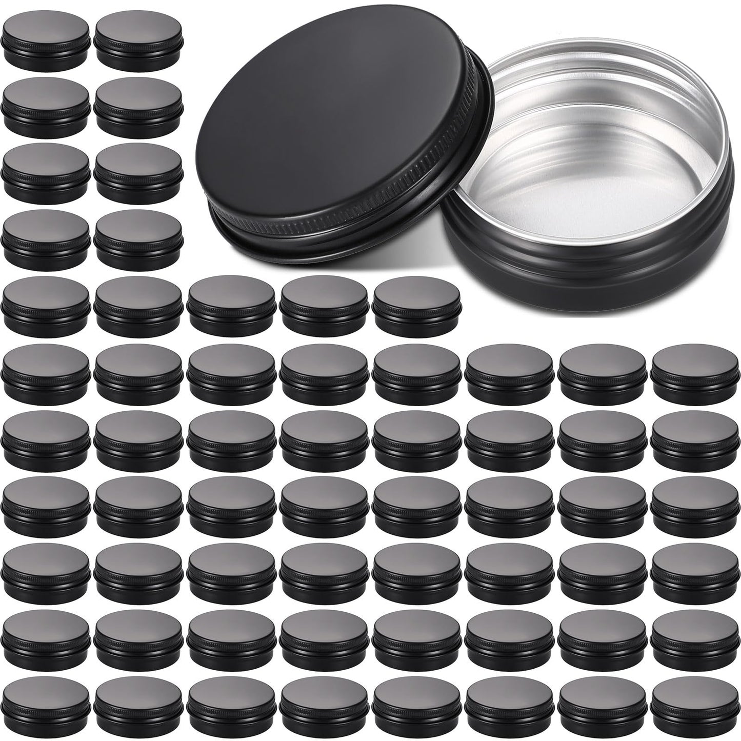 Patelai 64 Pieces Lip Balm Tin Containers Screw Top Round Tin Cans Aluminum Jar with Screw Lid, Empty Bottle Travel Cosmetic Sample Container for DIY(1 oz,Matte Black)