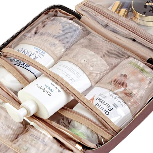 NISHEL Travel Toiletry Bag for women, Portable Hanging Organizer for Full-Sized Shampoo, Conditioner, Brushes Set, Makeup Accessories, Large Size, Rosewood-Pink
