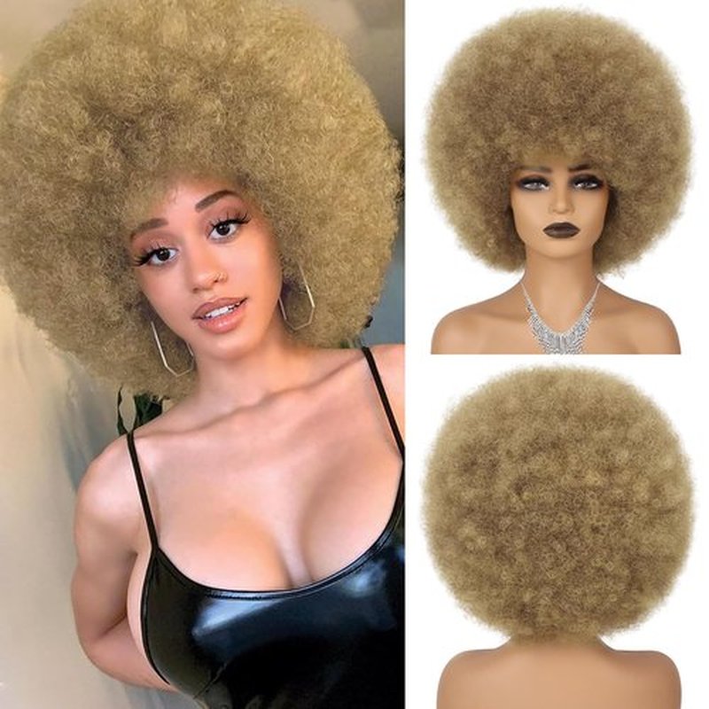 Wallden Hair 70s Afro Wig for Black Women-Mix Blonde Afro Curly Wigs Bouncy and Fluffy Synthetic Afro Puff Hair Wigs for Daily Party Costume Cosplay Halloween （Mix Blonde,10inch）