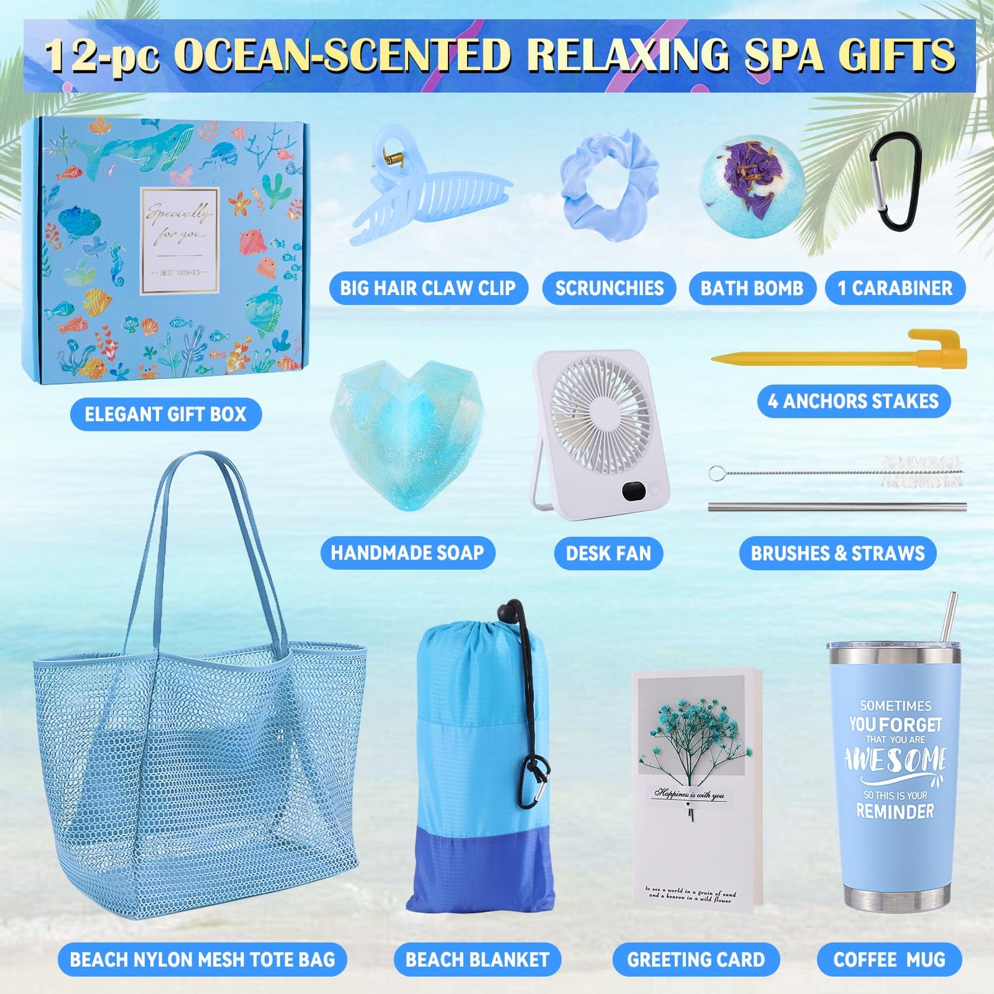 Beferr Mothers Day Beach Gifts Basket for Women, 79" X 83" Beach Blanket Waterproof Sandproof, Beach Mesh Tote Bags, Birthday Baskets for Her Wife Mom Sister Grandma Friend