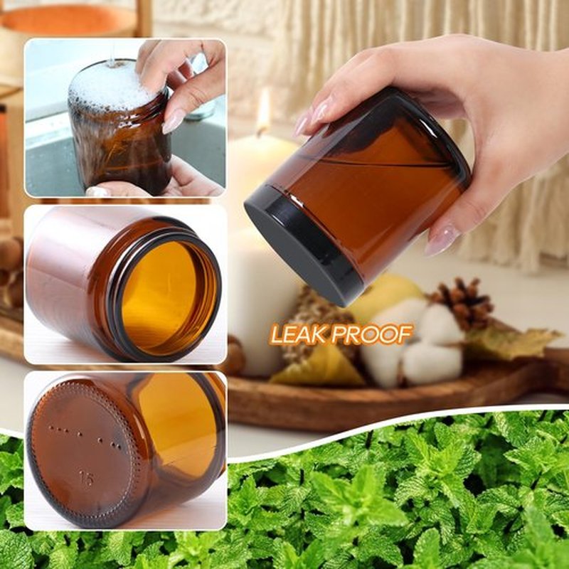 3 Pack 8 oz Amber Glass Jars with lids, Cosmetic Jars with Inner Liners and Black Lids, Lotion Jars, Candle Making Jars for Lotions, Scrubs and Cosmetic, Lables and Spatulas Include