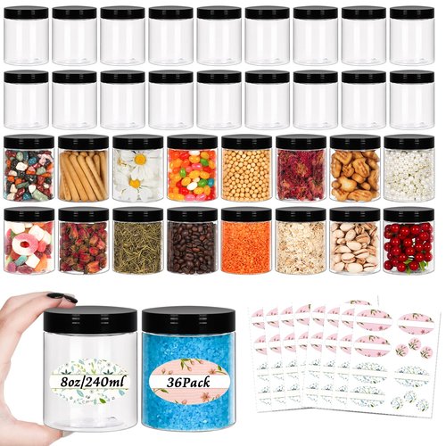 Jaisie.W 8oz Plastic Jars with Lids 36Pack, 8fl.oz Plastic Containers with Lids- Clear Food-grade Plastic Storage Containers with Black Screw Lid for Liquid and Solid Products (8fl.oz, 36Pack)