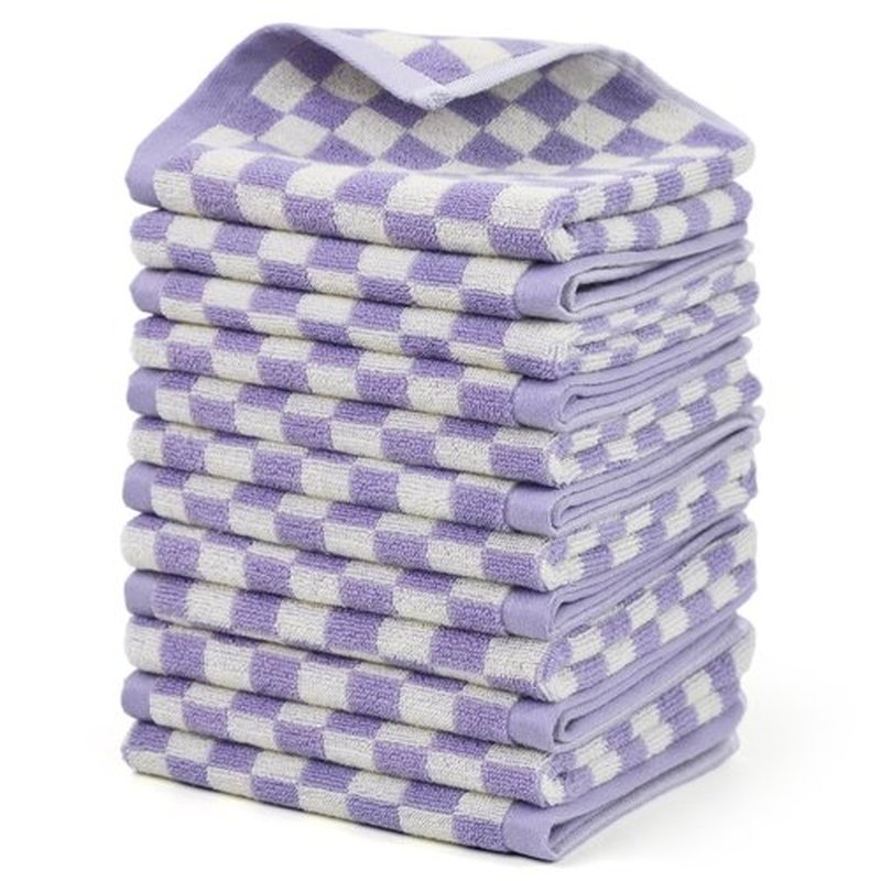 Cotton Washcloth 12 Pack (Lilac Checkered), Soft Absorbent Washcloths Facecloth, Cotton Face Towels Set for Body Showering 13x13 Inches, Gifts