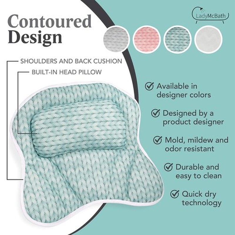 Lady McBath Bath Pillow - Luxury Bath Pillows for Tub Neck and Back Support - Powerful Suction Cups, Machine Washable Bathtub Accessory for Relaxation (Turquoise)