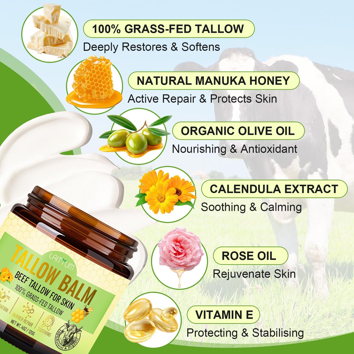 LAITYUM Beef Tallow for Skin -4oz Organic Tallow and Honey Balm for Face Moisturizer,100% Grass Fed Beef Tallow Cream,Natural Whipped Tallow Balm Deeply Nourishment for Body Dry,Cracked,Sensitive Skin