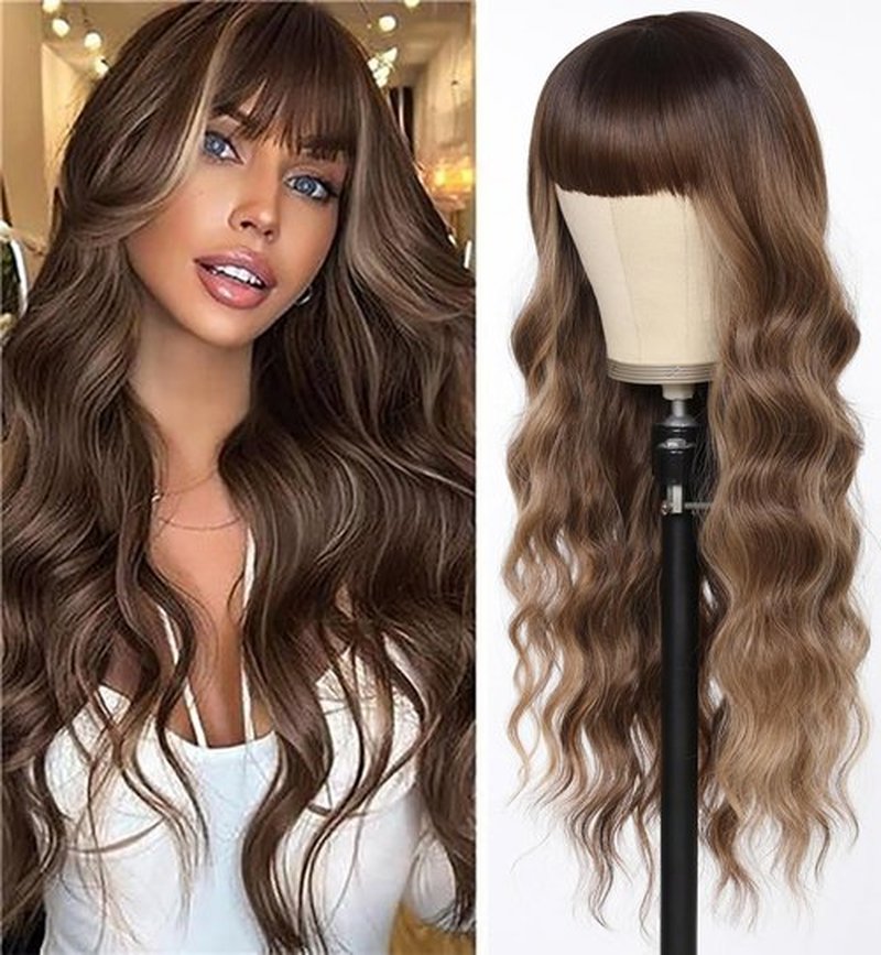 Brown Wig with Bangs 26 Inches Long Wavy Curly Wig for Women Brown Mixed Blonde Highlight Wig with Dark Roots Ombre Natural Curly Resistant Fiber Wigs Synthetic Wigs for White Women Wigs with Bangs