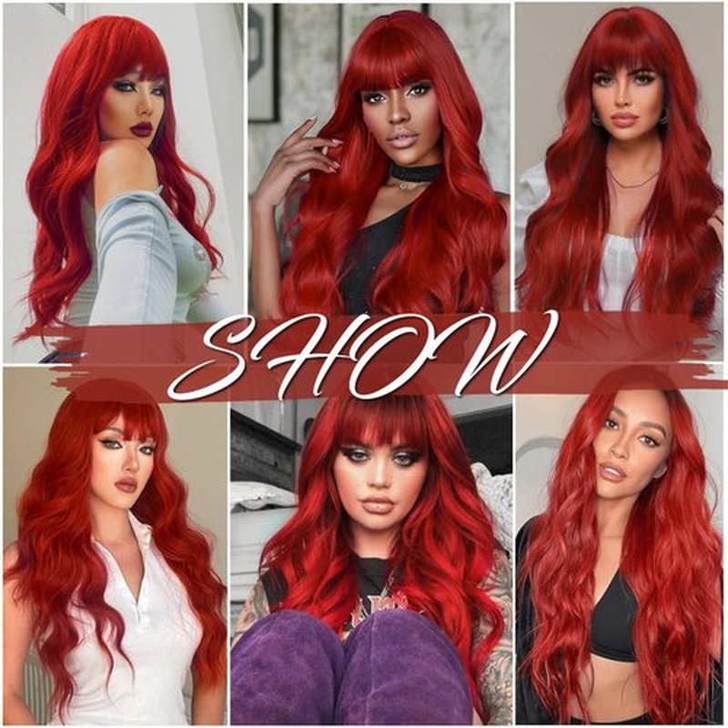 TOPHR Long Red Wig with Bangs 26 Inch Natural Wavy Heat Resistant Fiber Synthetic Red Wigs for Women Daily or Party Use