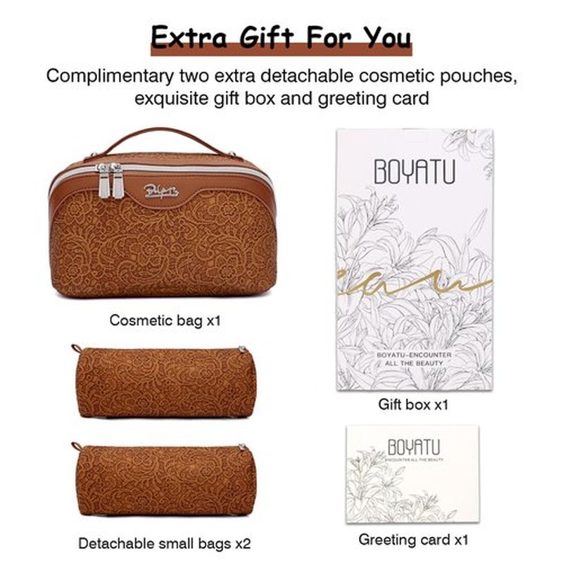 Travel Makeup Bags Cosmetic Organizer Bag: 3-Set Large Capacity Make up Bag - PU Leather Toiletry Bag for Women - Wide Open Portable Pouch with Divider & Handle (02-Z-Brown)