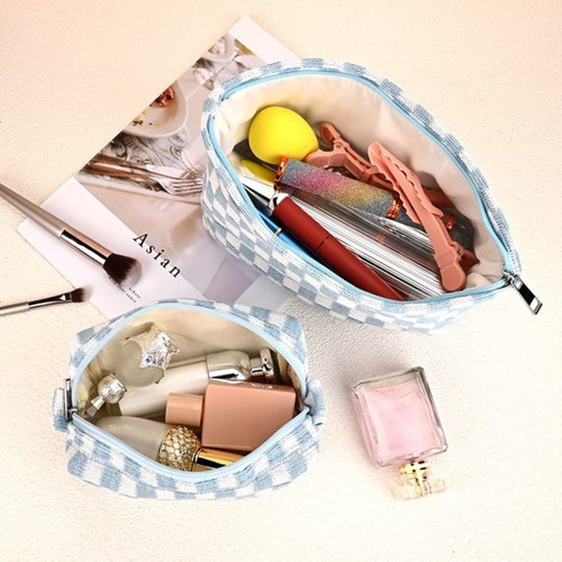 SOIDRAM 2 Pieces Makeup Bag Large Checkered Cosmetic Bag Capacity Canvas Mix Travel Toiletry Bag Organizer Cute Makeup Brushes Aesthetic Accessories Storage Bag for Women, Checkered Mix Blue