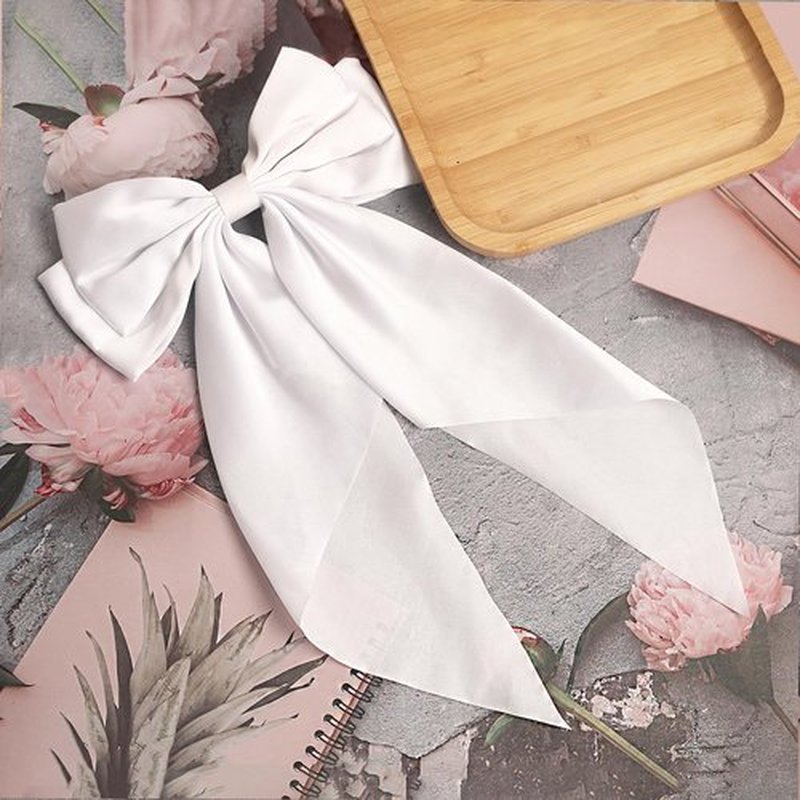 SUSULU Large Hair Bow Clips for Women Ginger Yellow Hair Bow White Hair Bow Slides for Girls Satin Hair Barrettes with Long Ribbon Tail,Wedding Birthday Women Hair Accessories Pack of 2