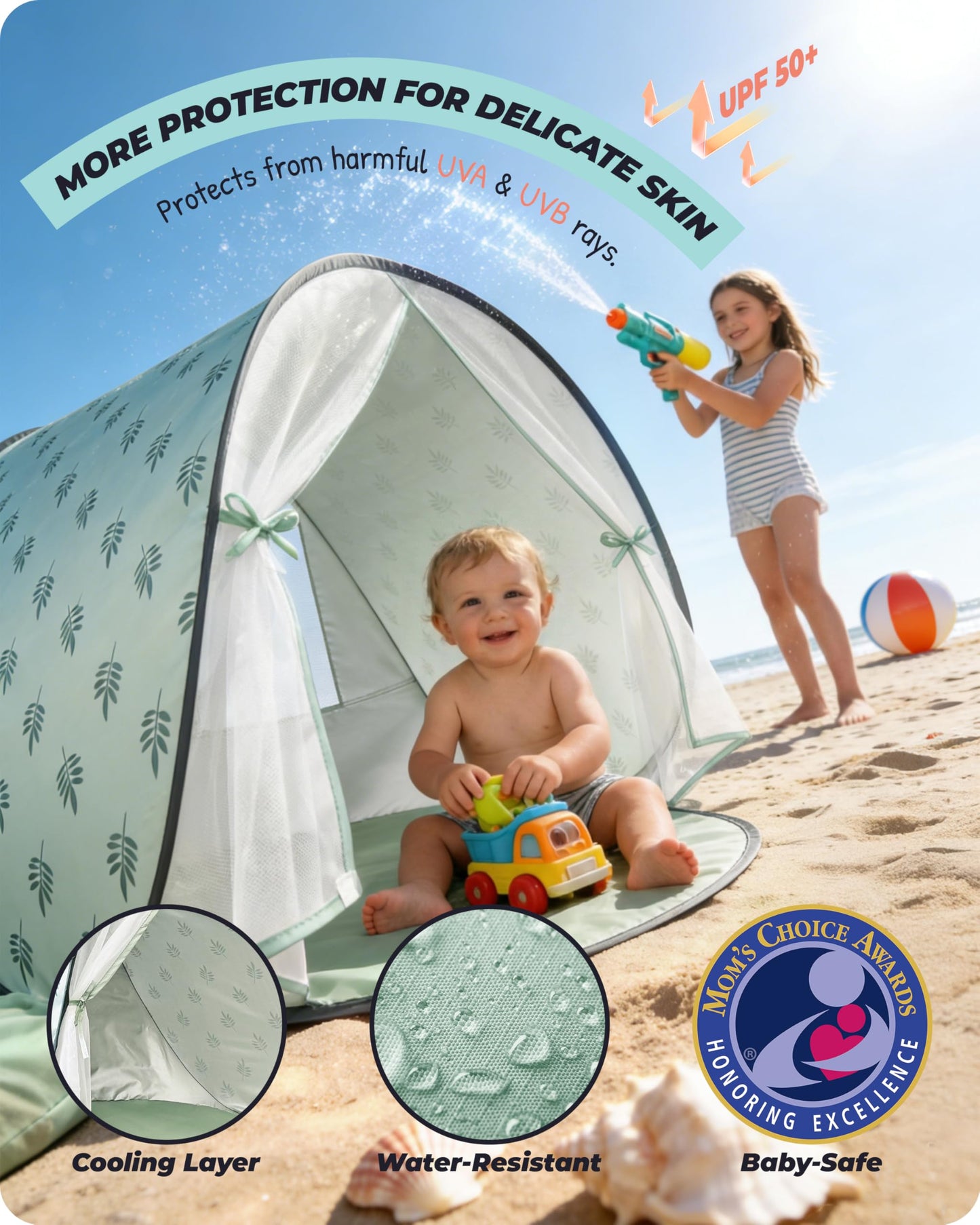 WEMOH Baby Beach Tent, 2026 Upgrade Pop-Up UPF 50+ Sun Protection with Mosquito Net Shelter Canopy Portable Outdoor Shade Summer Essentials for Babies Toddlers- Green Leaves