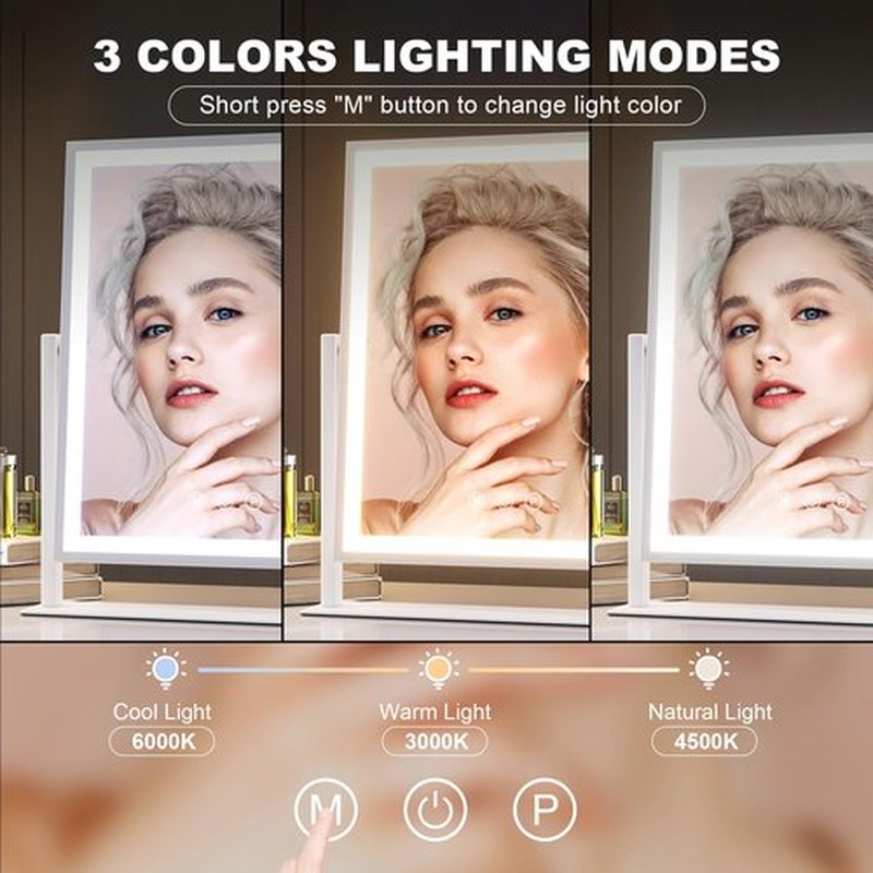 Hasipu Vanity Mirror with Lights, 10" x 12" LED Makeup Mirror, Light up Mirror with Smart Touch 3 Color Modes and Brightness Adjustment, 10X Magnifying Glass,360° Rotation