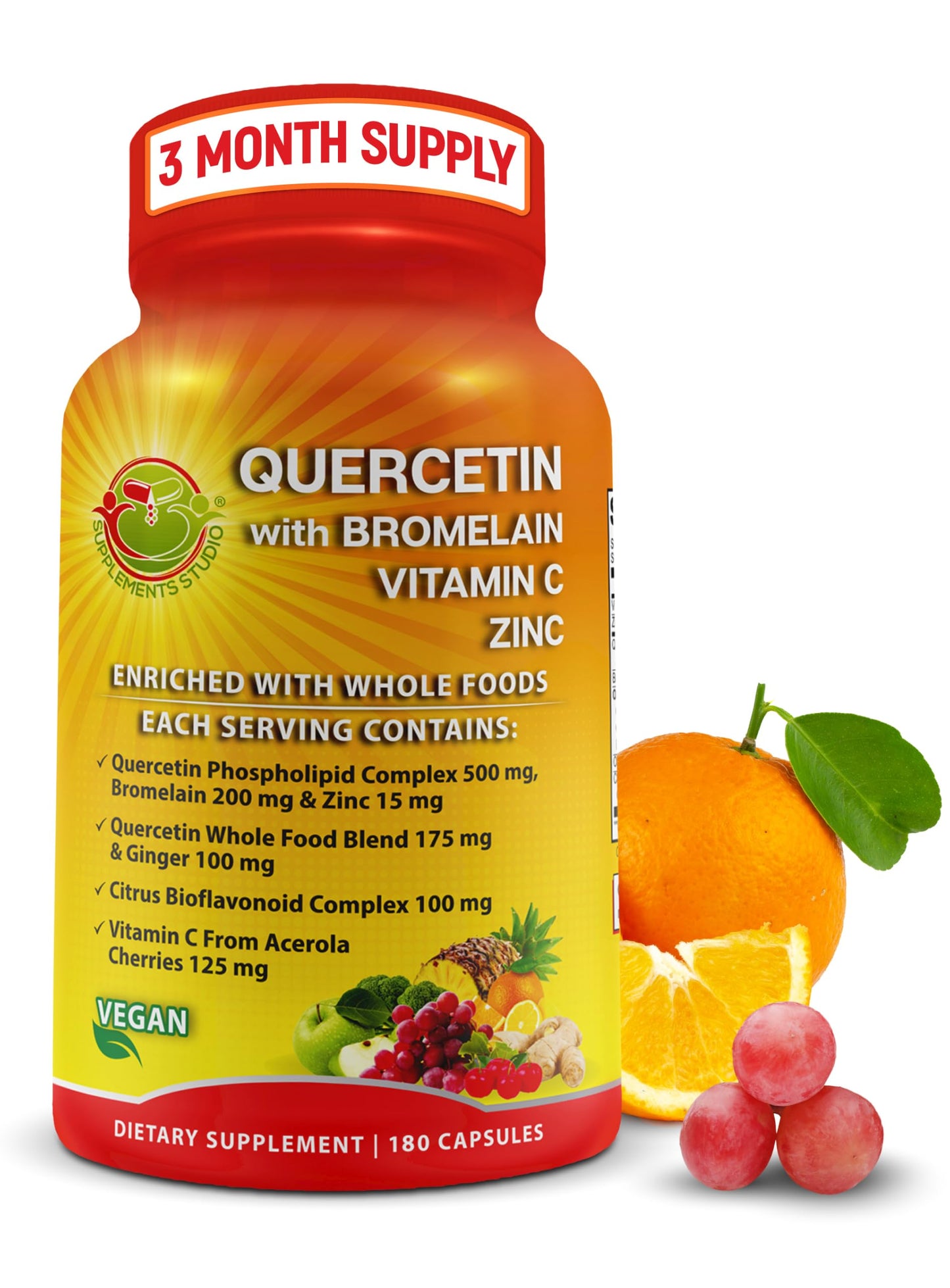 Quercetin with Bromelain – Quercetin Phospholipid Complex 500 mg High Absorption Supplement – Immune Support with Vitamin C, Zinc, Ginger & Citrus Bioflavonoids – with Organic Whole Foods – 180 Count