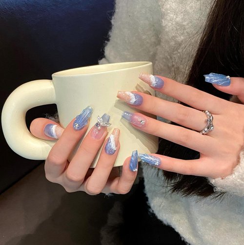 MNAFAYY 100% Handmade Nails Blue Sea Beach Medium Press On Nails 3D Gems Full Cover Luxury Gorgeous Reusable UV Finished Fake False Nails Acrylic Nail Kit With Box Gifts Women Mother's Day M