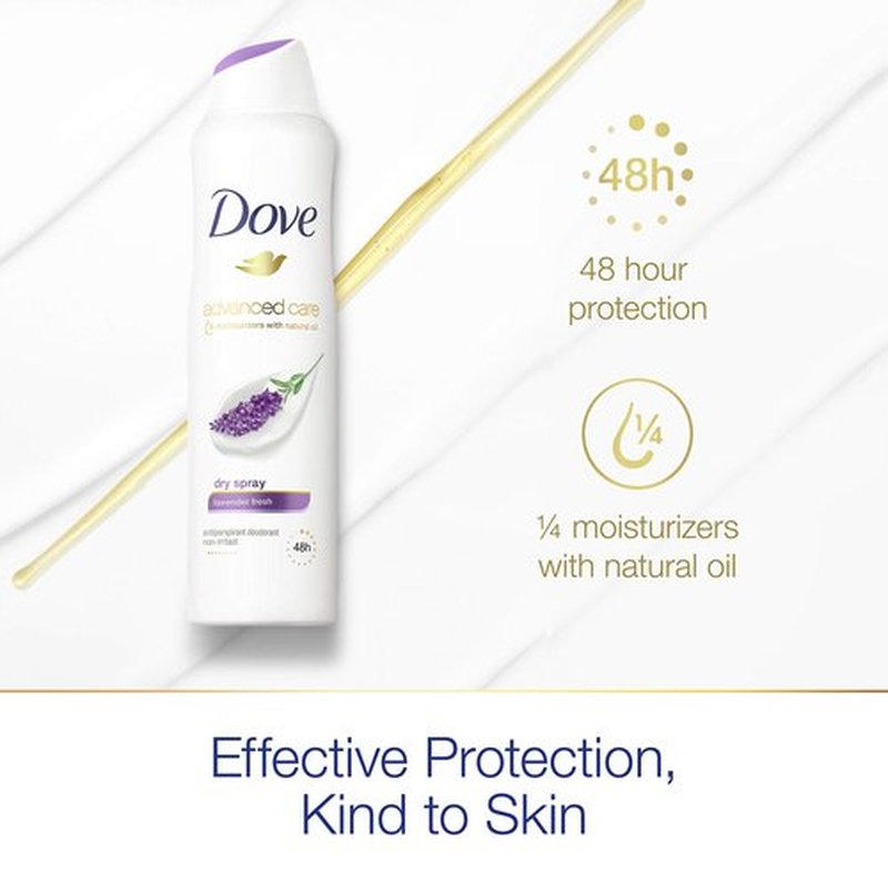 Dove Advanced Care Antiperspirant Deodorant Dry Spray 48 Hours of Sweat and Odor Protection Lavender Fresh Antiperspirant Spray With ¼ Moisturizers and 0% Alcohol, 3.8 Ounce (Pack of 3)