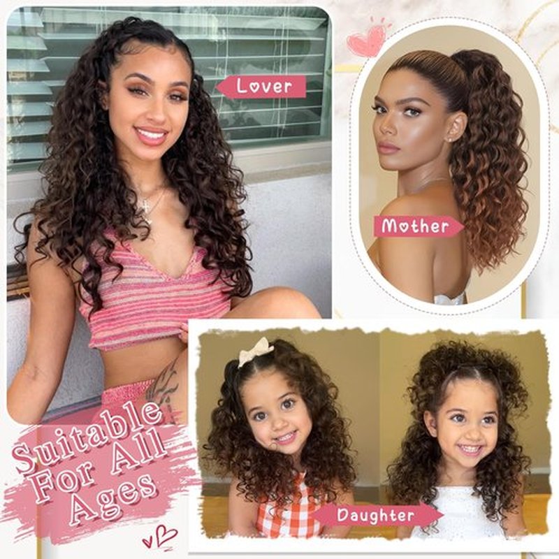 HMD Curly Ponytail Extension Drawstring Ponytail for Women Natural Black Mixed Medium Auburn Curly Clip in Hair Extensions 18 Inch Ponytail Extension Synthetic Hairpiece for Daily Party(1B/30)
